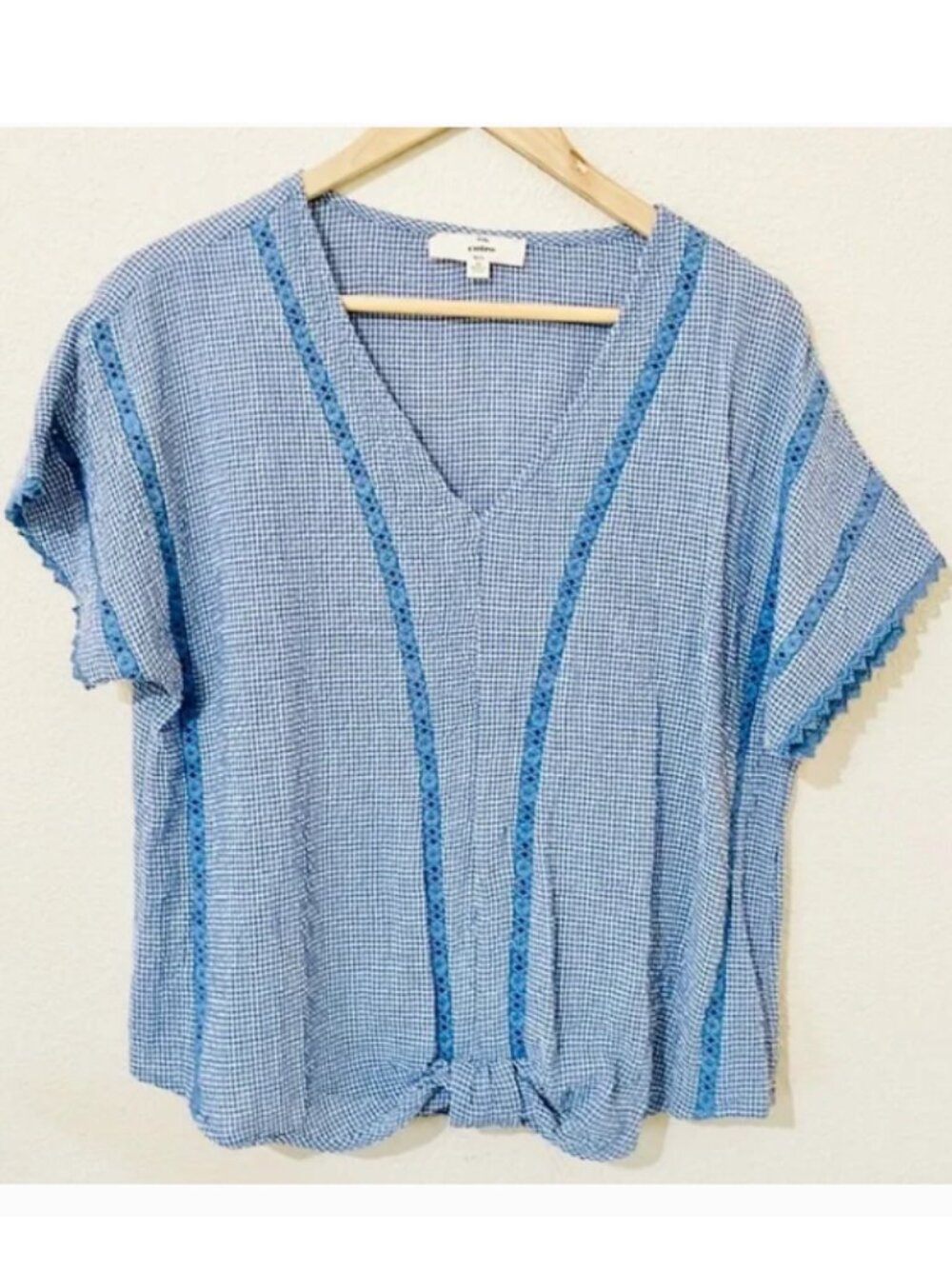 Entro Boho Shirt Blue White Gingham Seersucker crochet detail Women Size Medium